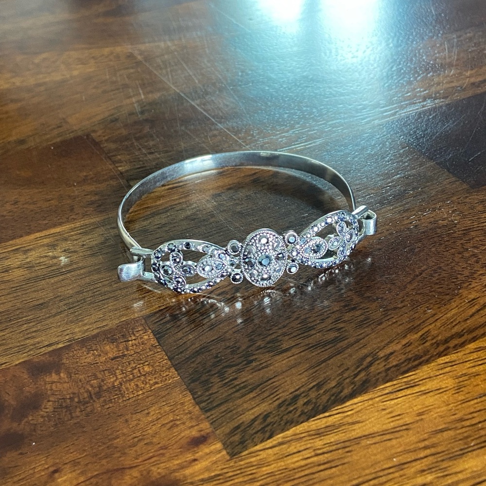 Silver-Tone Filigree Bangle Bracelet with Clear Crystal Accents